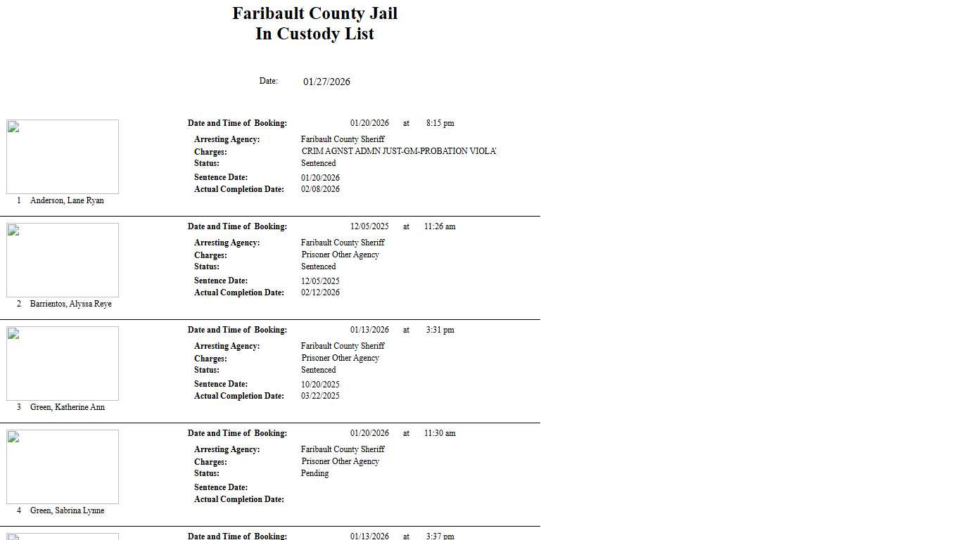 Custody List - Faribault County Jail